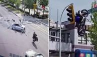Kanada'da akıllara durgunluk veren kaza! Trafik ışıklarında asılı kaldı