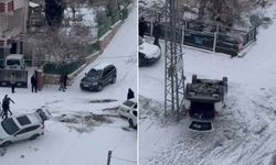 Buz pistine dönen yolda korkutan kaza! Metrelerce kaydı, park halindeki otomobili devirdi