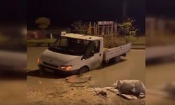 Yağıştan çöken yolda bir kamyonet mahsur kaldı