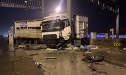 Hatay'da otoyol gişelerinde direğe çarpan tırda yangın çıktı