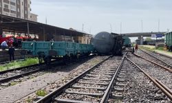 Raydan çıkan yük treninin vagonu devrildi