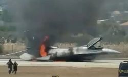 Yunanistan'da zorunlu iniş yapan F-16 savaş uçağı alev aldı
