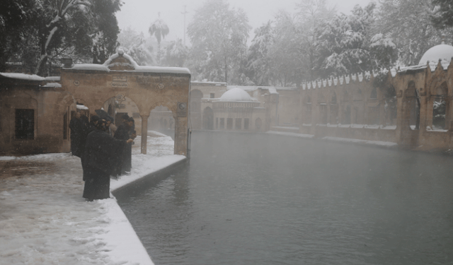 Şanlıurfa'daki tarihi Balıklıgöl karla beyaza büründü