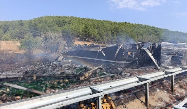Uşak'ta bariyere çarpan alkol yüklü tır alev aldı
