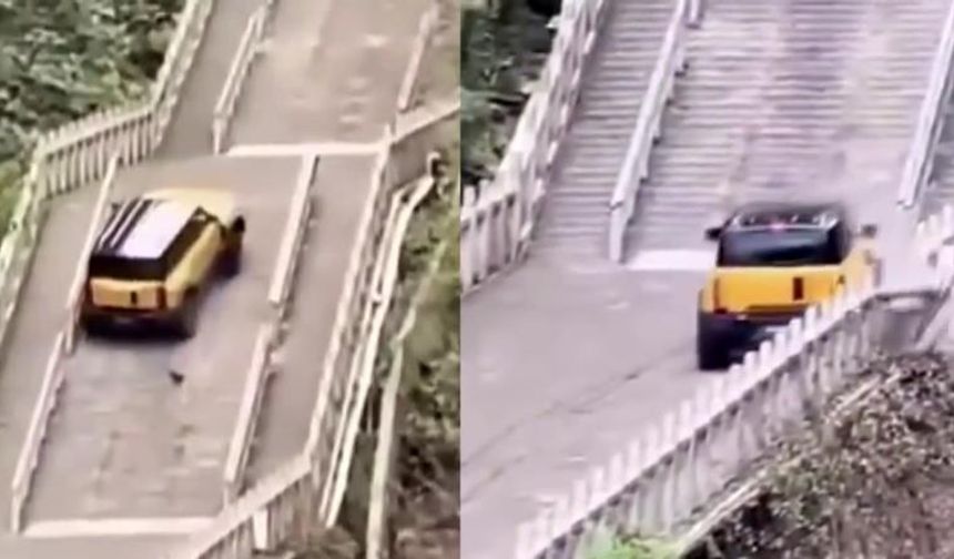 Tianmen Dağı’nın 999 merdivenini tırmanan test aracı tarihi yapıya zarar verdi