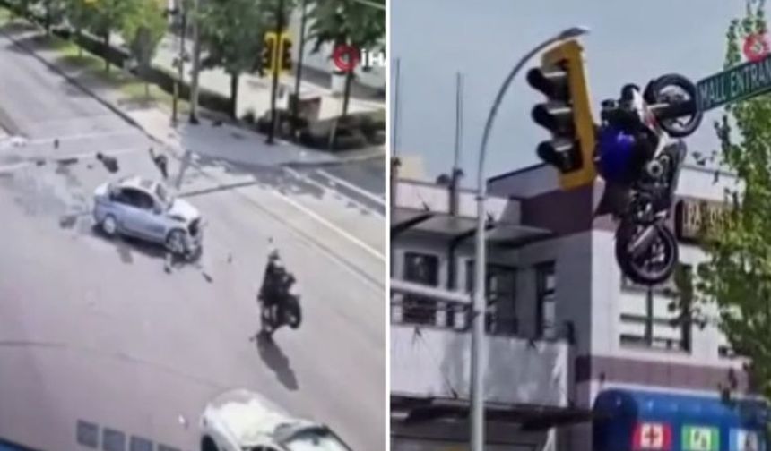 Kanada'da akıllara durgunluk veren kaza! Trafik ışıklarında asılı kaldı