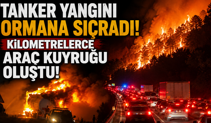 Tanker yangını ormana sıçradı! Kilometrelerce araç kuyruğu oluştu
