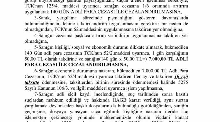 Kemal Özkiraz'a 7 bin TL para cezası