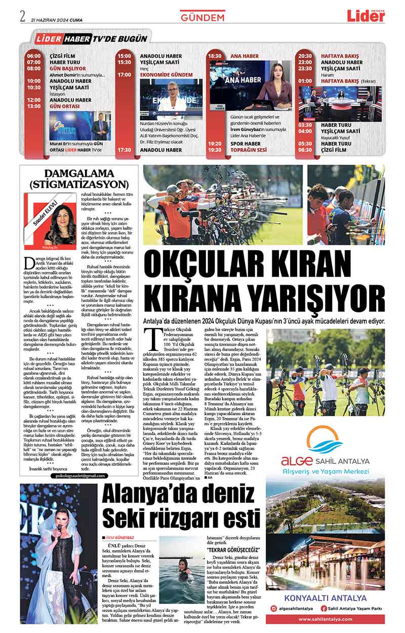 21 H A Z İ R A N L İ D E R G A Z E T E A N T A L Y A 2