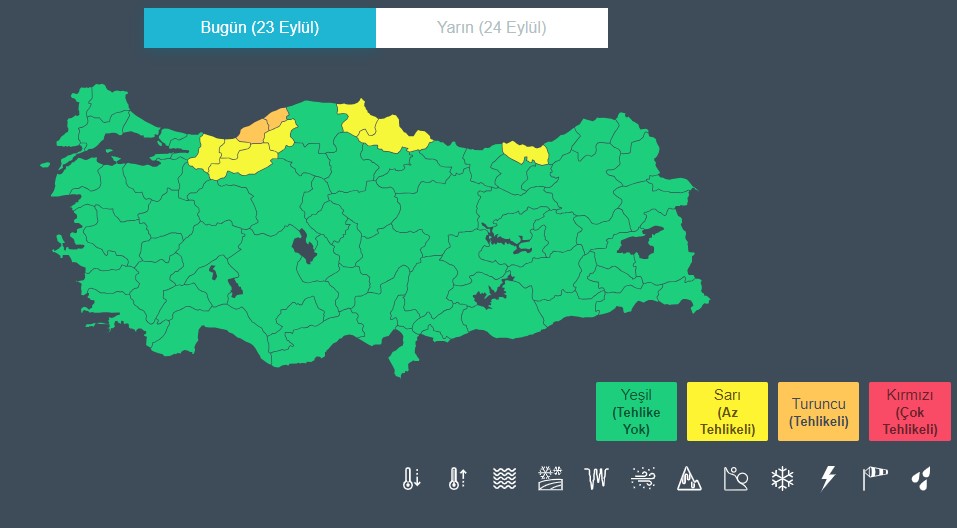 7 ile sarı, 2 ile turuncu kod uyarısı