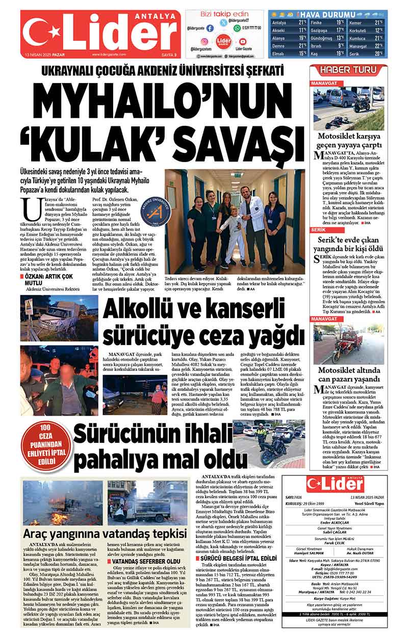 13 N İ S A N 2025 L İ D E R G A Z E T E A N T A L Y A 3