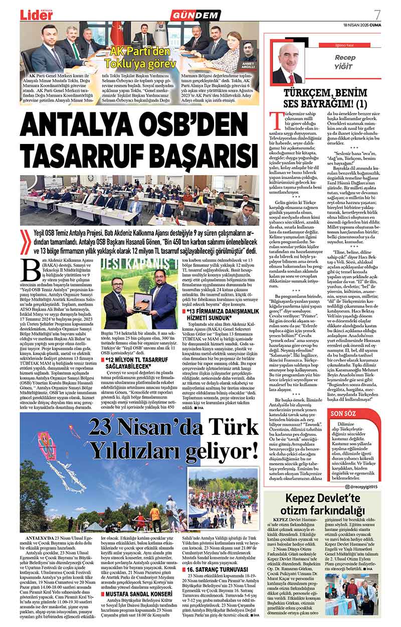 18 N İ S A N 2025 L İ D E R G A Z E T E A N T A L Y A 7