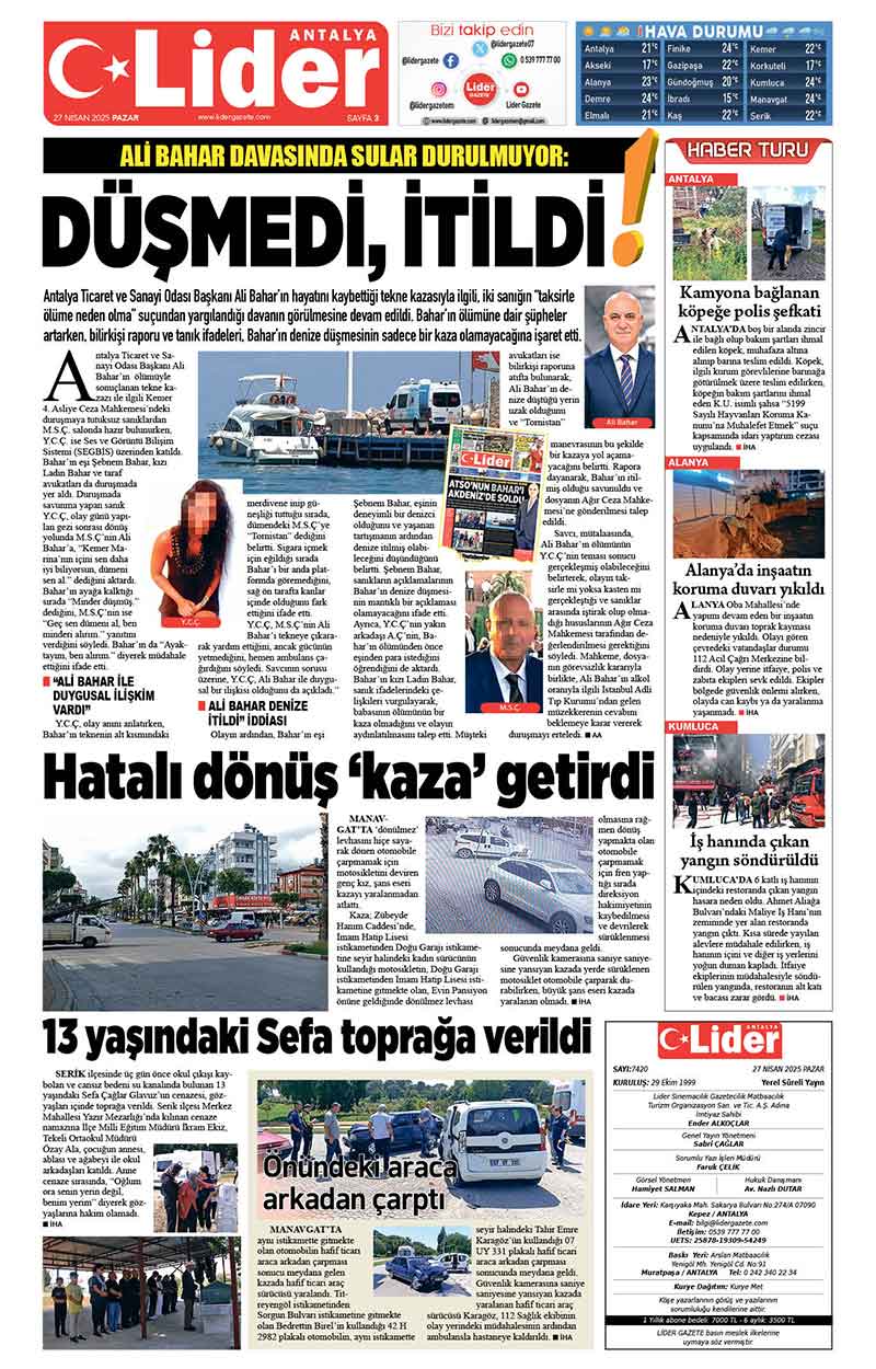 27 N İ S A N 2025 L İ D E R G A Z E T E A N T A L Y A 3