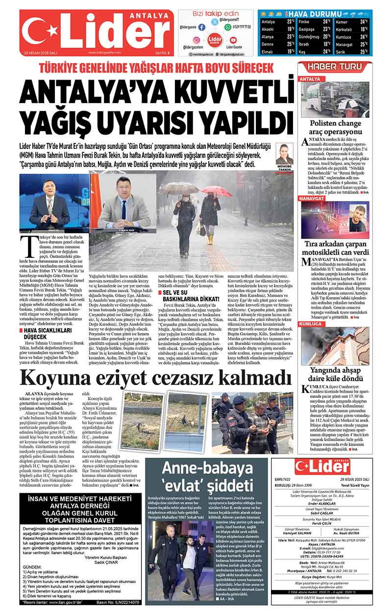 29 N İ S A N 2025 L İ D E R G A Z E T E A N T A L Y A 3