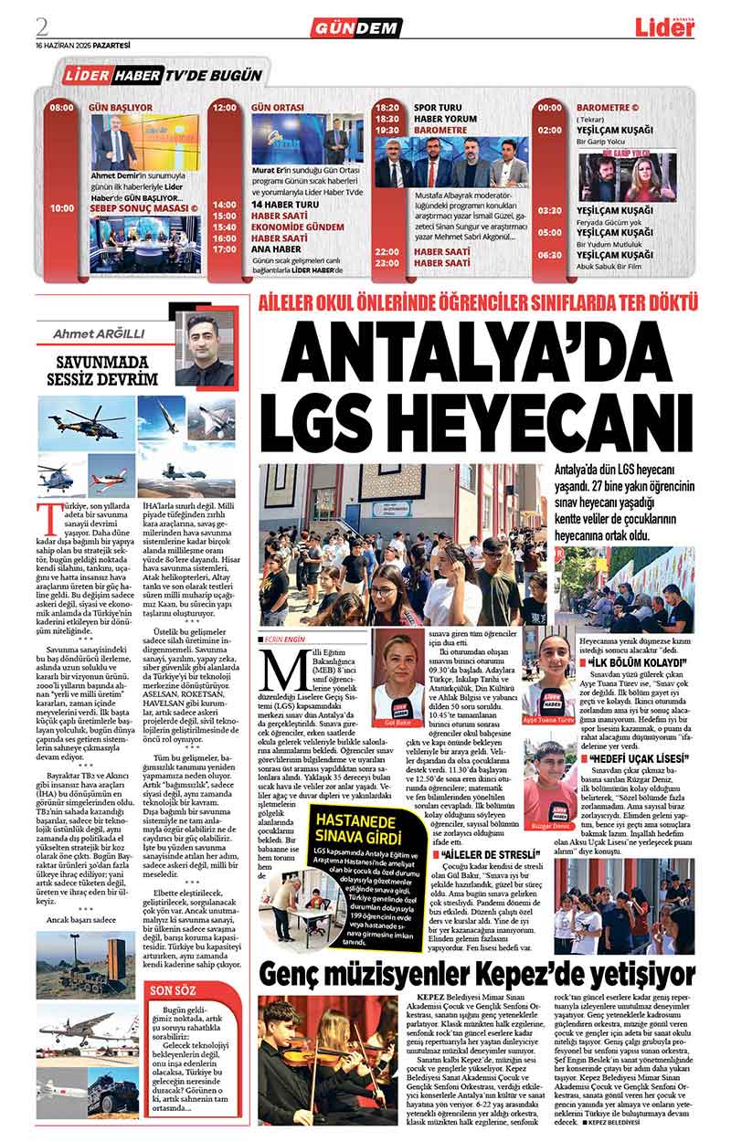 16 H A Z İ R A N 2025 L İ D E R G A Z E T E A N T A L Y A 2