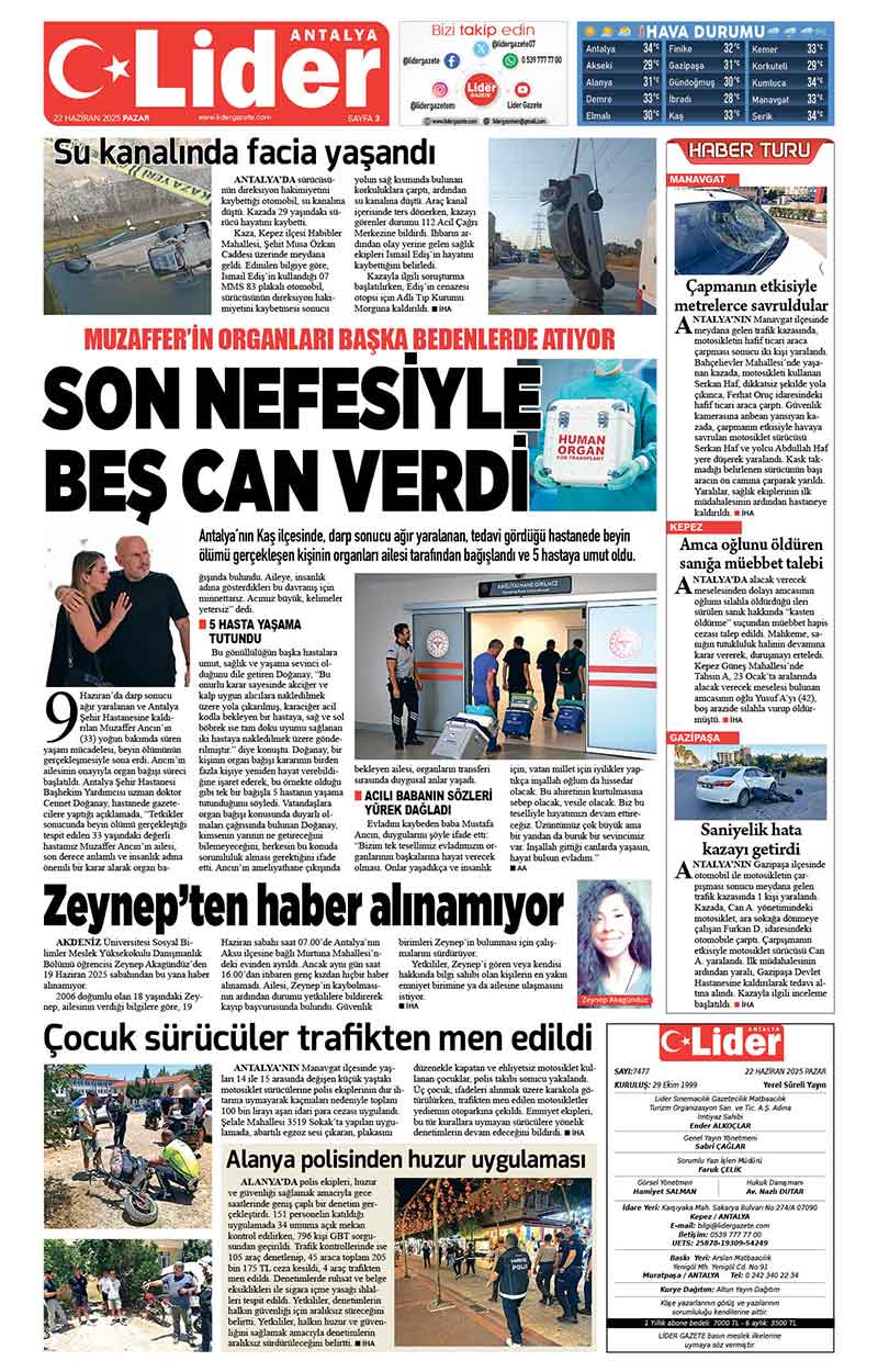 22 H A Z İ R A N 2025 L İ D E R G A Z E T E A N T A L Y A 3