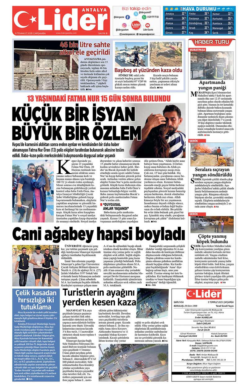 9 T E M M U Z 2025 L İ D E R G A Z E T E A N T A L Y A 3