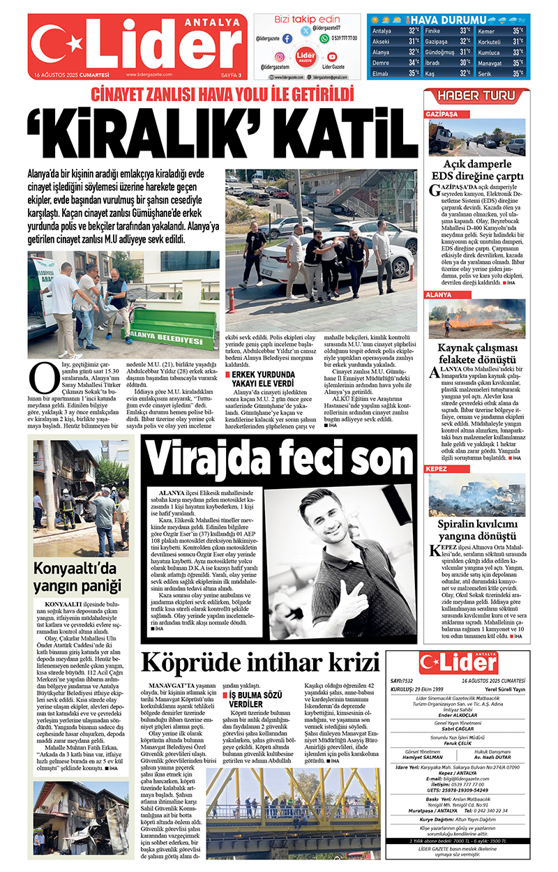 16 A Ğ U S T O S 2025 L İ D E R G A Z E T E A N T A L Y A 3