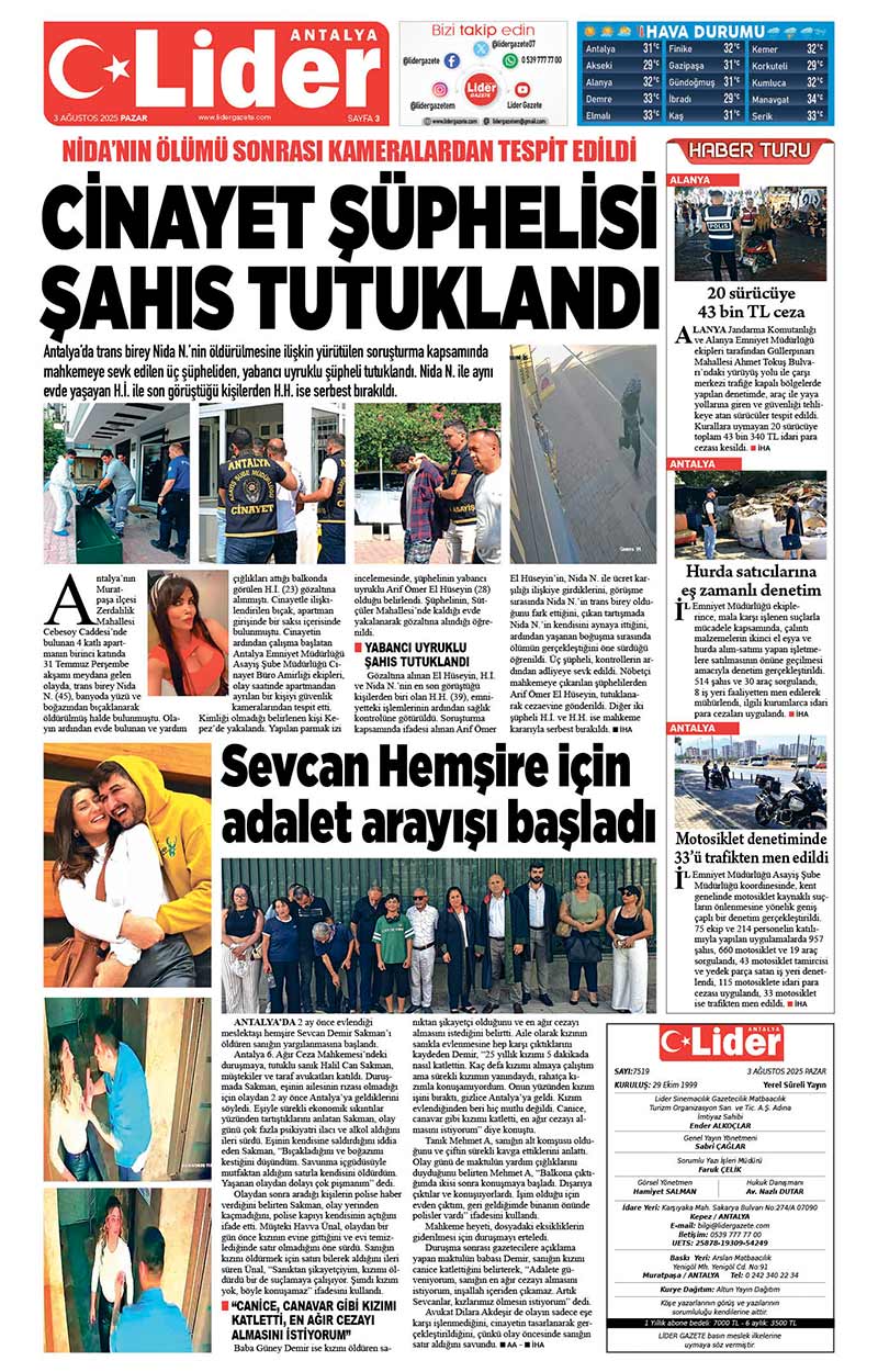 3 A Ğ U S T O S 2025 L İ D E R G A Z E T E A N T A L Y A 3