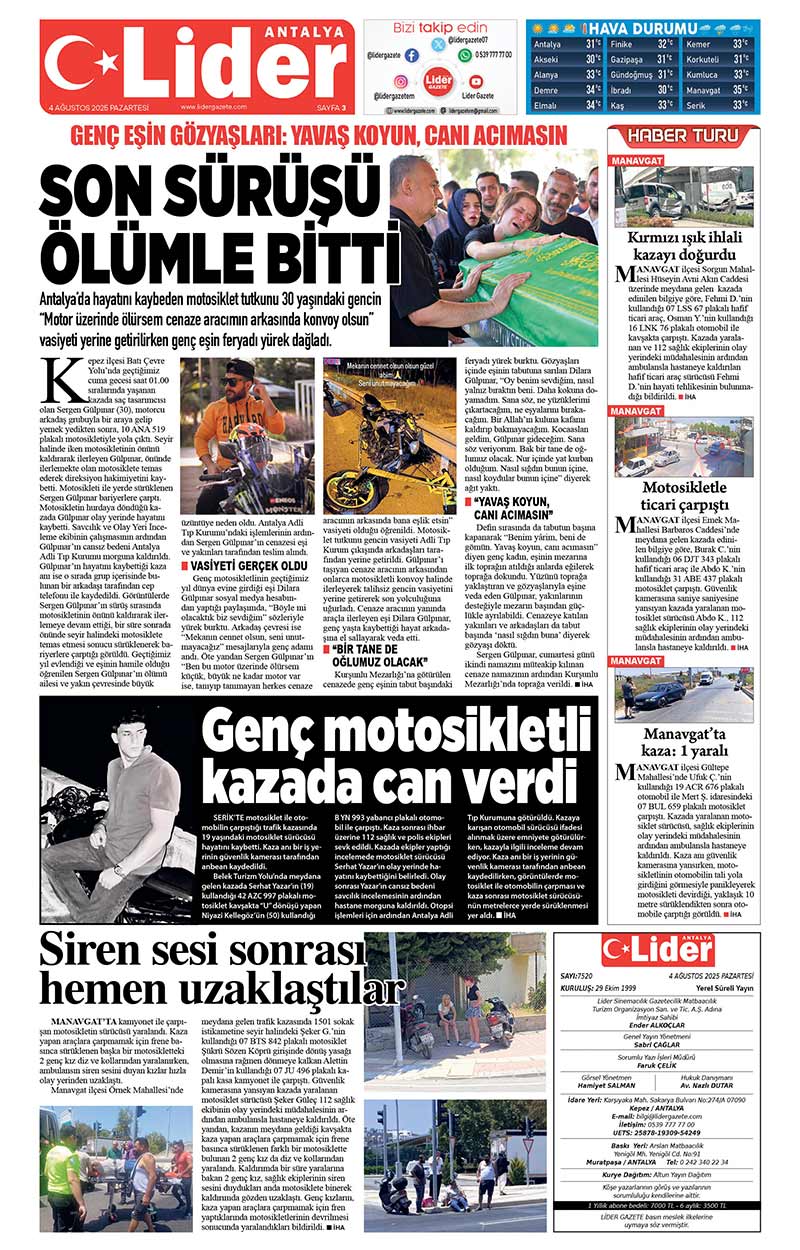 4 A Ğ U S T O S 2025 L İ D E R G A Z E T E A N T A L Y A 3