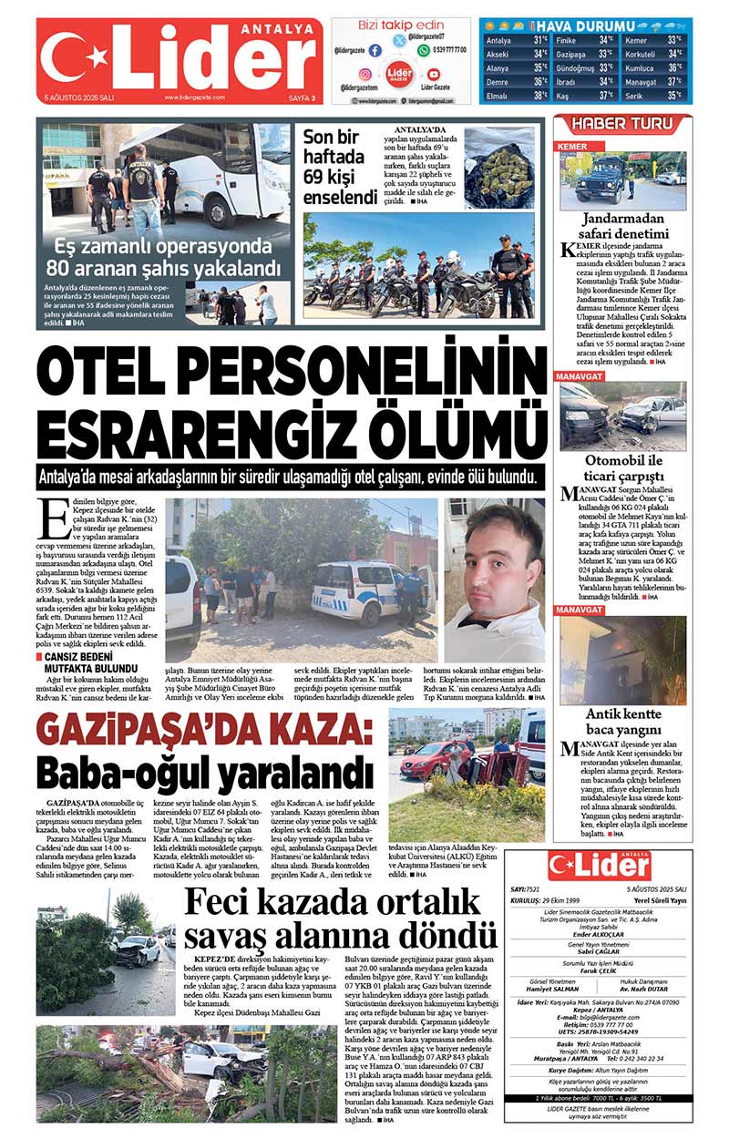 5 A Ğ U S T O S 2025 L İ D E R G A Z E T E A N T A L Y A 3