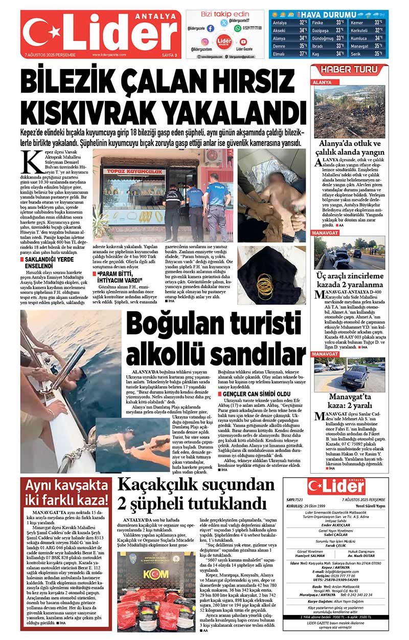 7 A Ğ U S T O S 2025 L İ D E R G A Z E T E A N T A L Y A 3