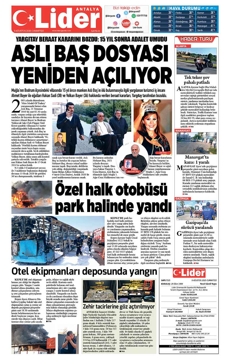 9 A Ğ U S T O S 2025 L İ D E R G A Z E T E A N T A L Y A 3