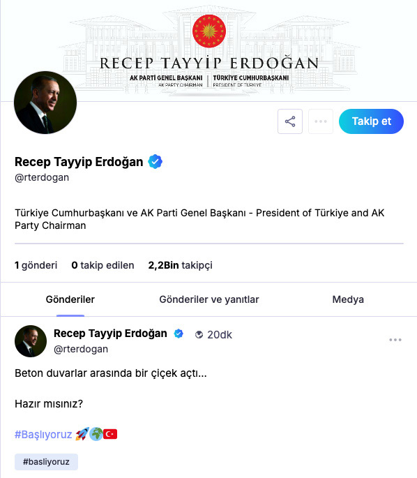 Cumhurbaşkanı Recep Tayyip Erdoğan, N Sosyal'den Ilk Paylaşımını Yaptı