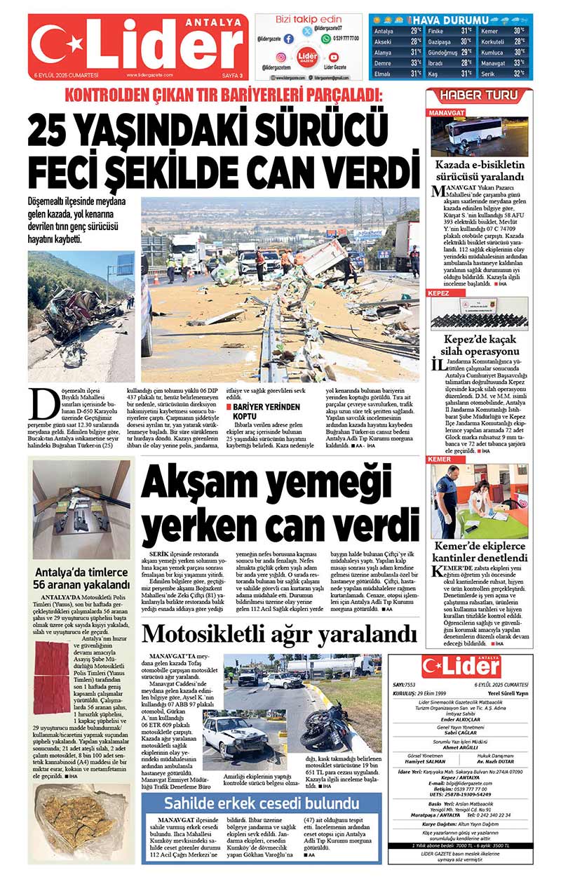 6 E Y L Ü L 2025 L İ D E R G A Z E T E A N T A L Y A 3