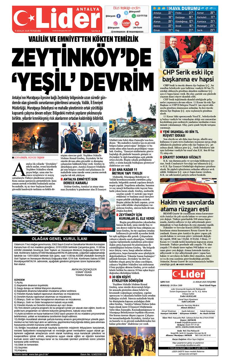 11 A R A L I K 2025 L İ D E R G A Z E T E A N T A L Y A 3