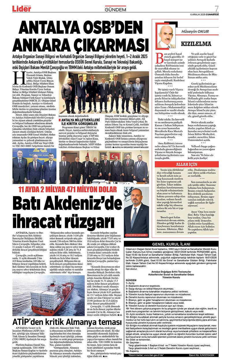 6 A R A L I K 2025 L İ D E R G A Z E T E A N T A L Y A 7