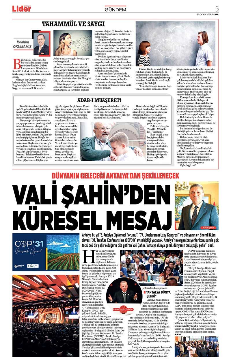 16 O C A K 2026 L İ D E R G A Z E T E A N T A L Y A 5