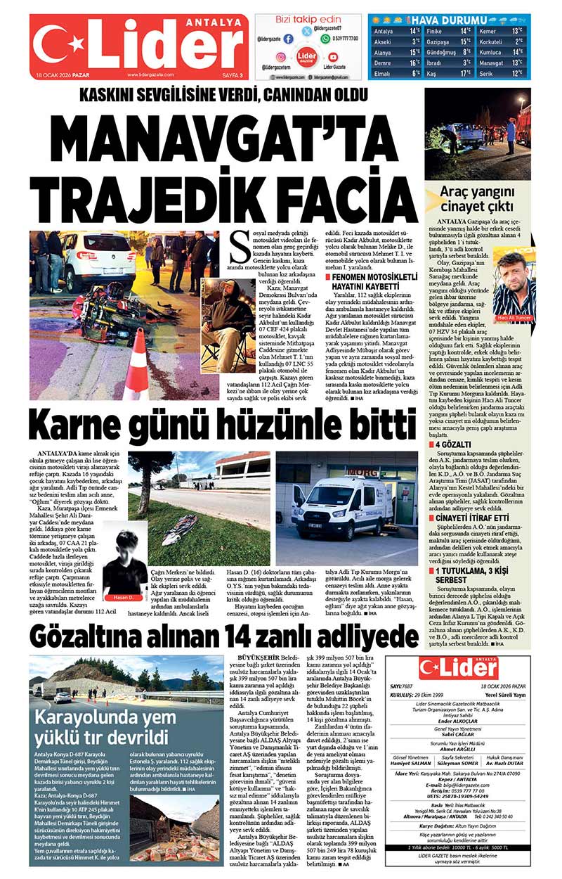 18 O C A K 2026 L İ D E R G A Z E T E A N T A L Y A 3