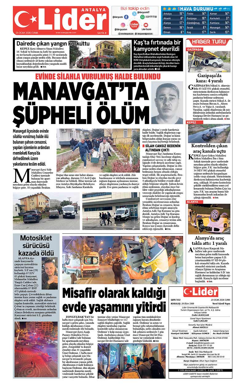 23 O C A K 2026 L İ D E R G A Z E T E A N T A L Y A 3