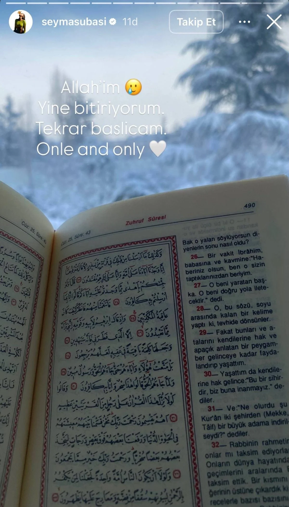 Şeyma Subaşı’ndan Yine Kur'an I Kerim Paylaşımı