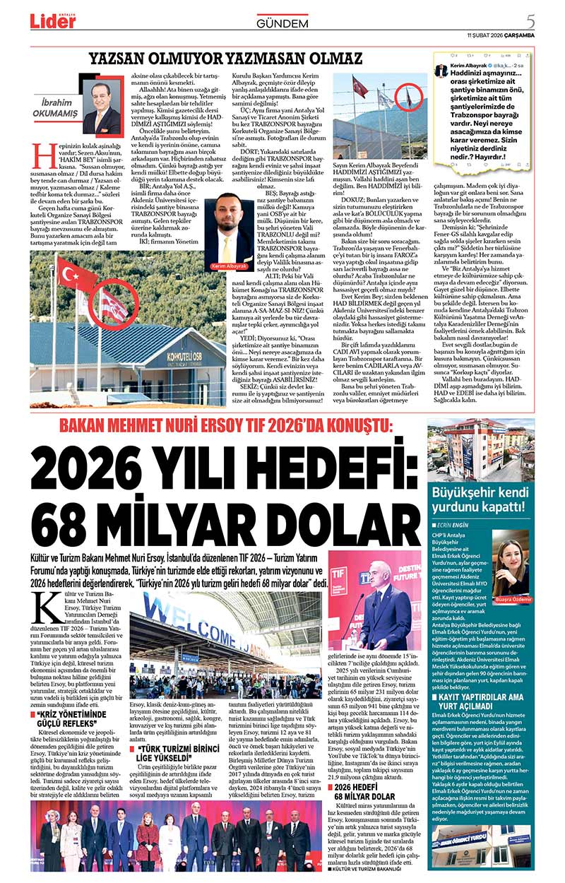 11 Ş U B A T 2026 L İ D E R G A Z E T E A N T A L Y A 5