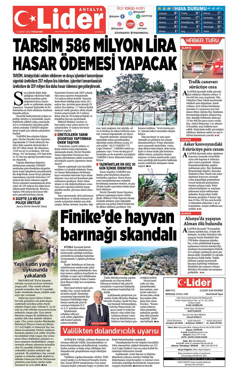 12 Ş U B A T 2026 L İ D E R G A Z E T E A N T A L Y A 3