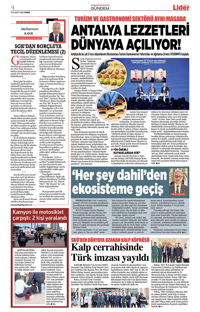 13 Ş U B A T 2026 L İ D E R G A Z E T E A N T A L Y A 4