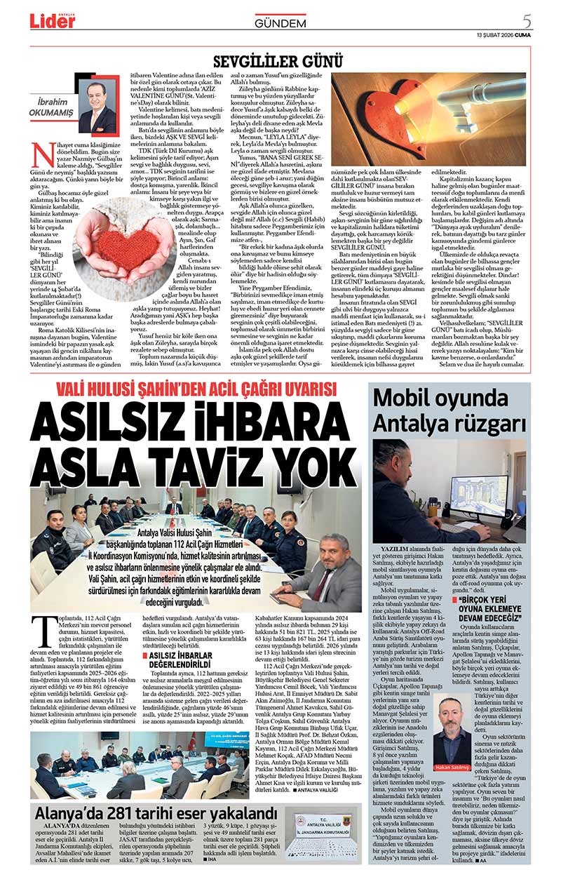 13 Ş U B A T 2026 L İ D E R G A Z E T E A N T A L Y A 5