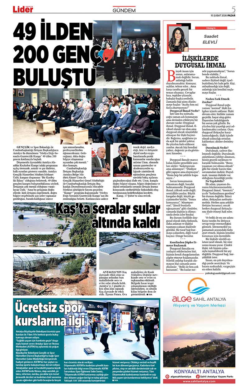 15 Ş U B A T 2026 L İ D E R G A Z E T E A N T A L Y A 5
