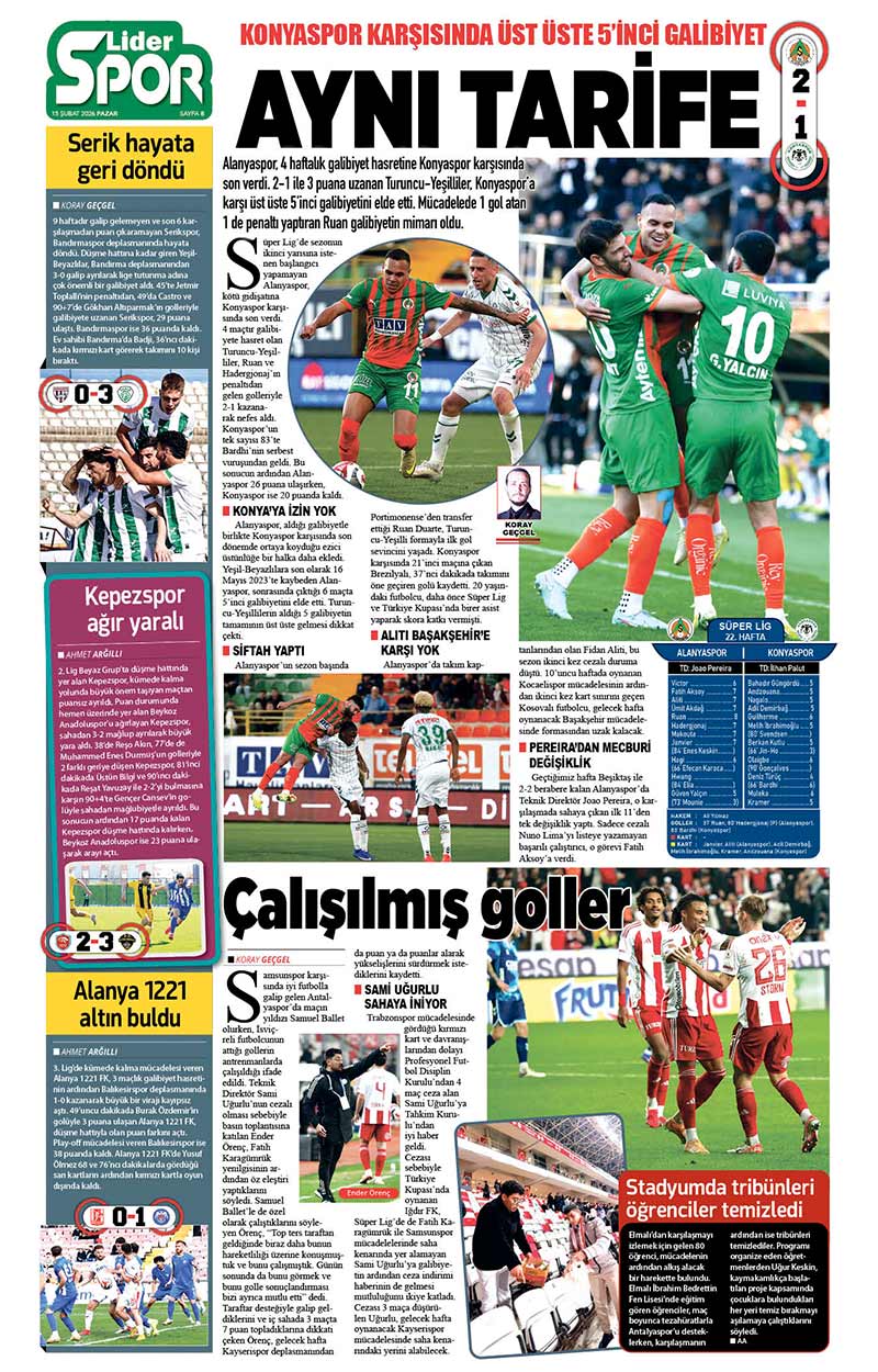 15 Ş U B A T 2026 L İ D E R G A Z E T E A N T A L Y A 8