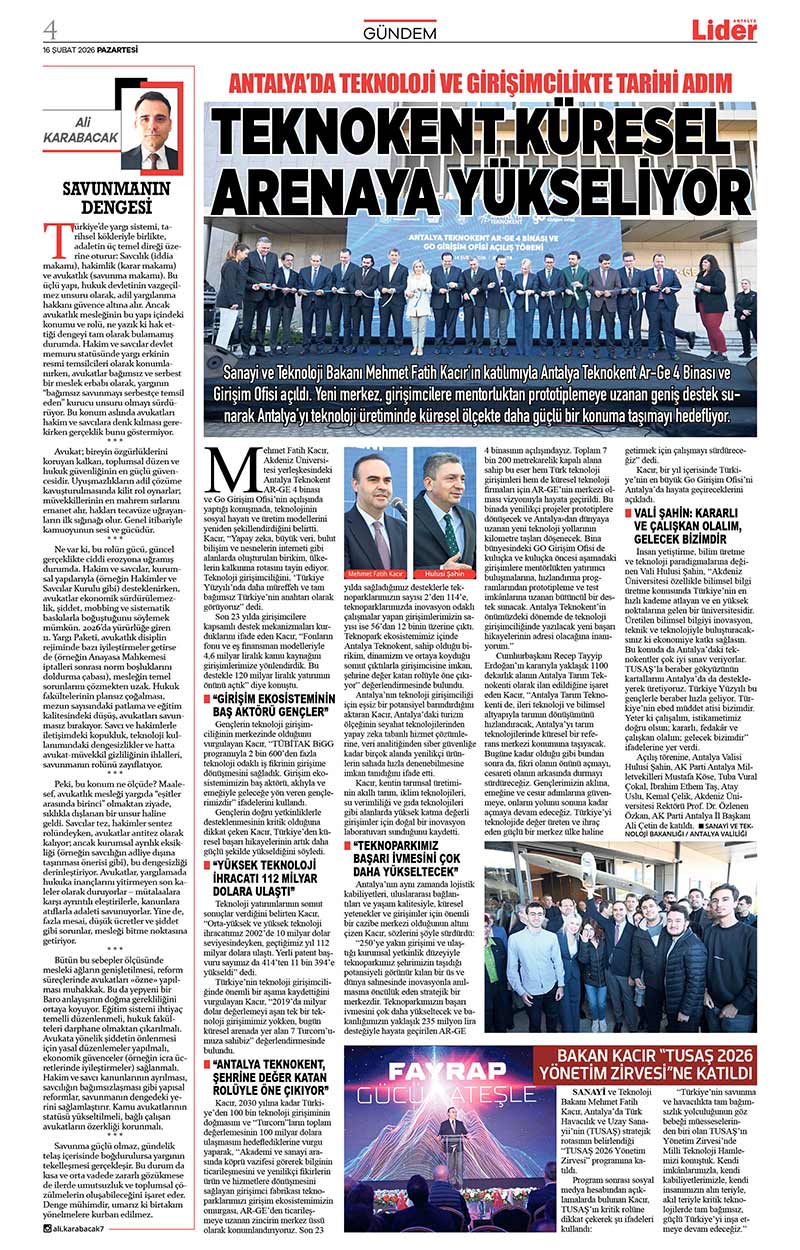 16 Ş U B A T 2026 L İ D E R G A Z E T E A N T A L Y A 4