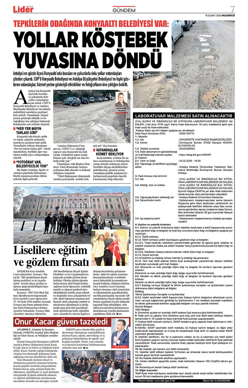 16 Ş U B A T 2026 L İ D E R G A Z E T E A N T A L Y A 7