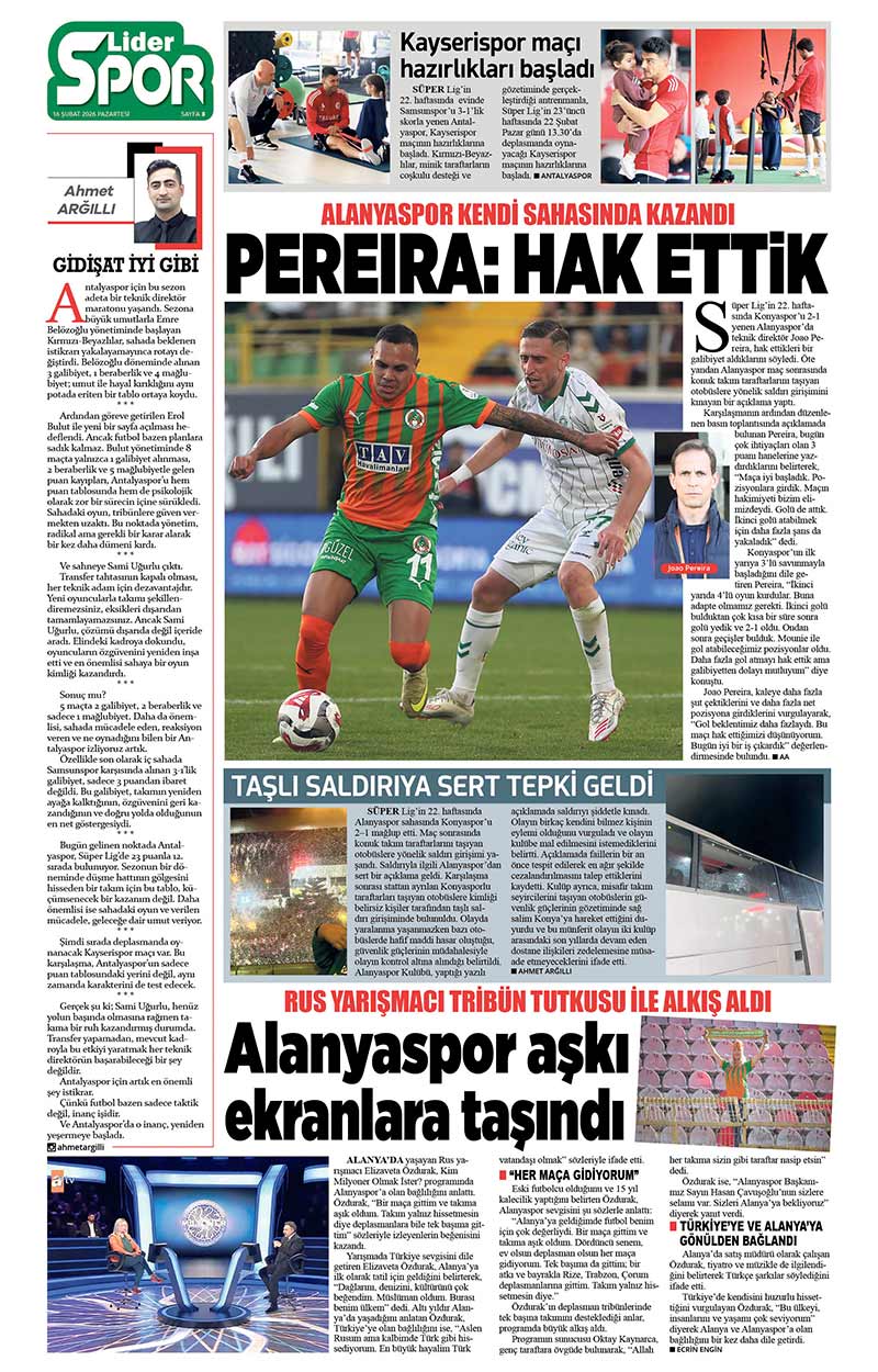 16 Ş U B A T 2026 L İ D E R G A Z E T E A N T A L Y A 8