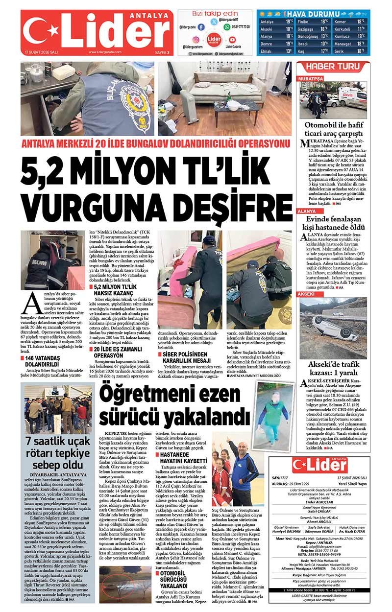 17 Ş U B A T 2026 L İ D E R G A Z E T E A N T A L Y A 3