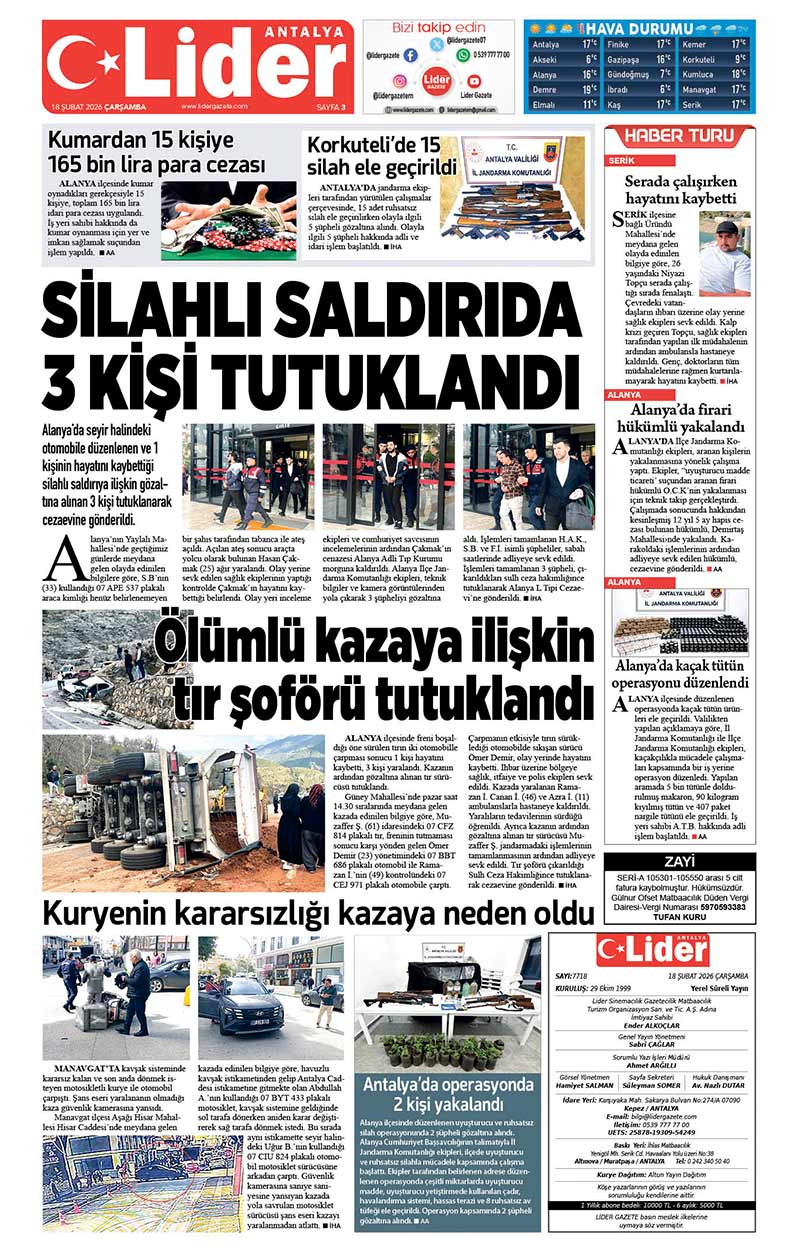 18 Ş U B A T 2026 L İ D E R G A Z E T E A N T A L Y A 3