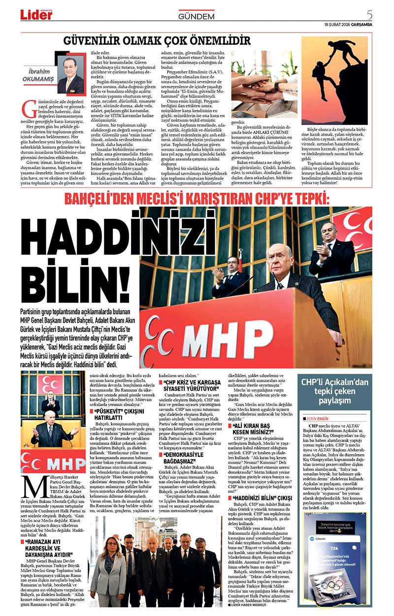 18 Ş U B A T 2026 L İ D E R G A Z E T E A N T A L Y A 5