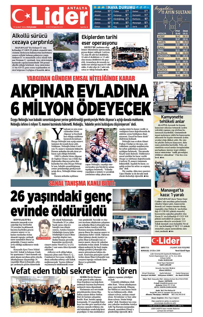 19 Ş U B A T 2026 L İ D E R G A Z E T E A N T A L Y A 3