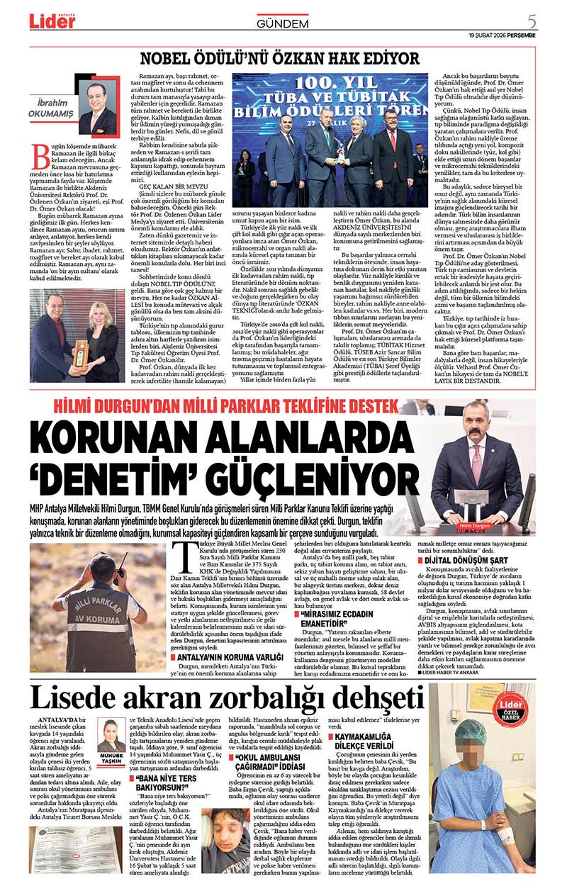 19 Ş U B A T 2026 L İ D E R G A Z E T E A N T A L Y A 5