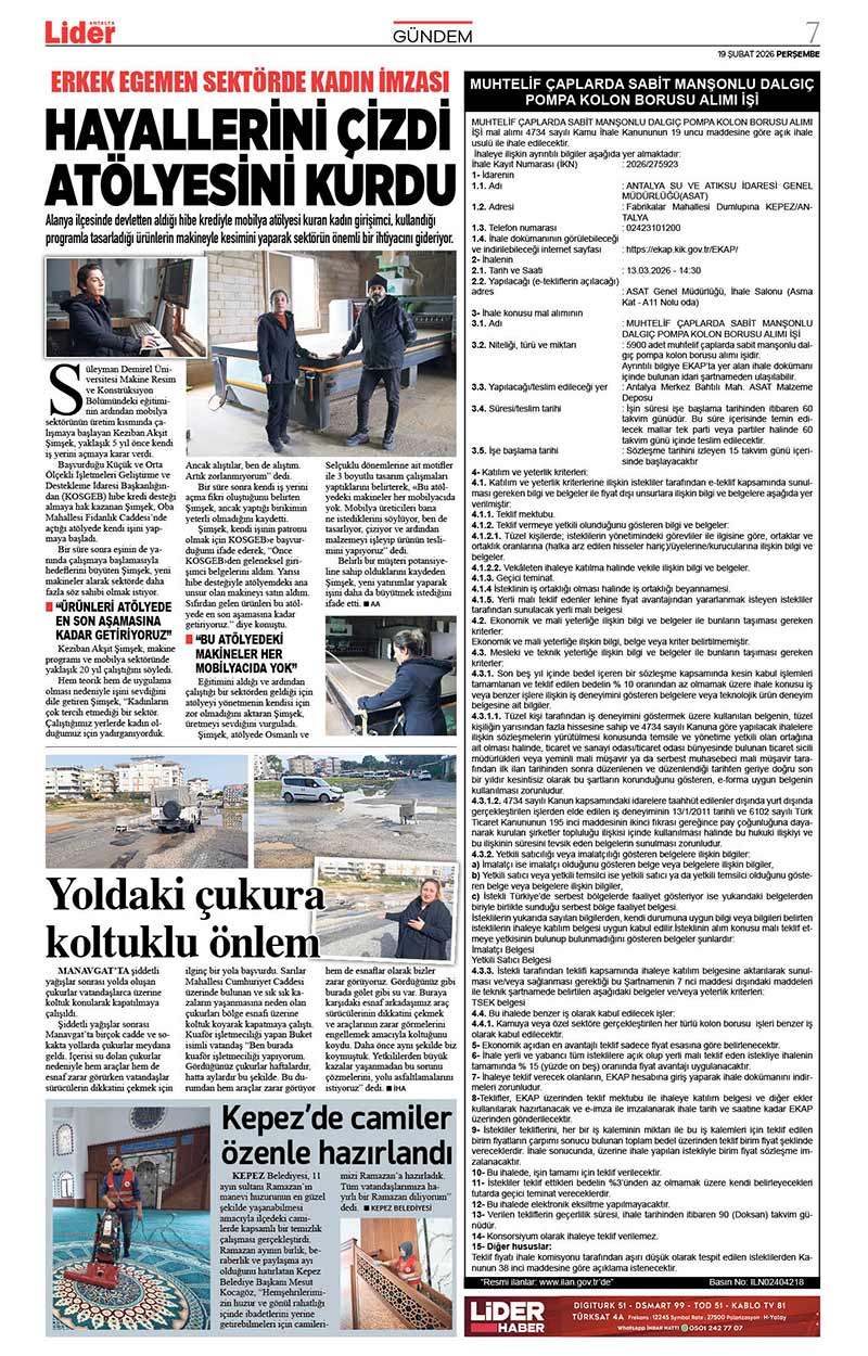 19 Ş U B A T 2026 L İ D E R G A Z E T E A N T A L Y A 7